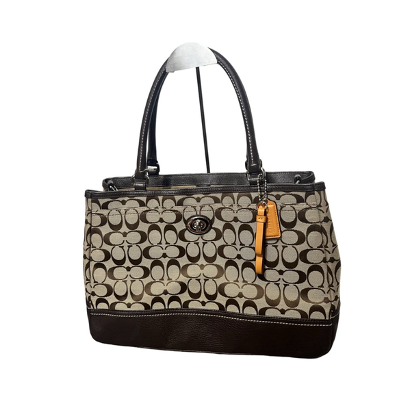 Coach Signature Jacquard Tote 2 Way with Leather Trim - Picture 1 of 16